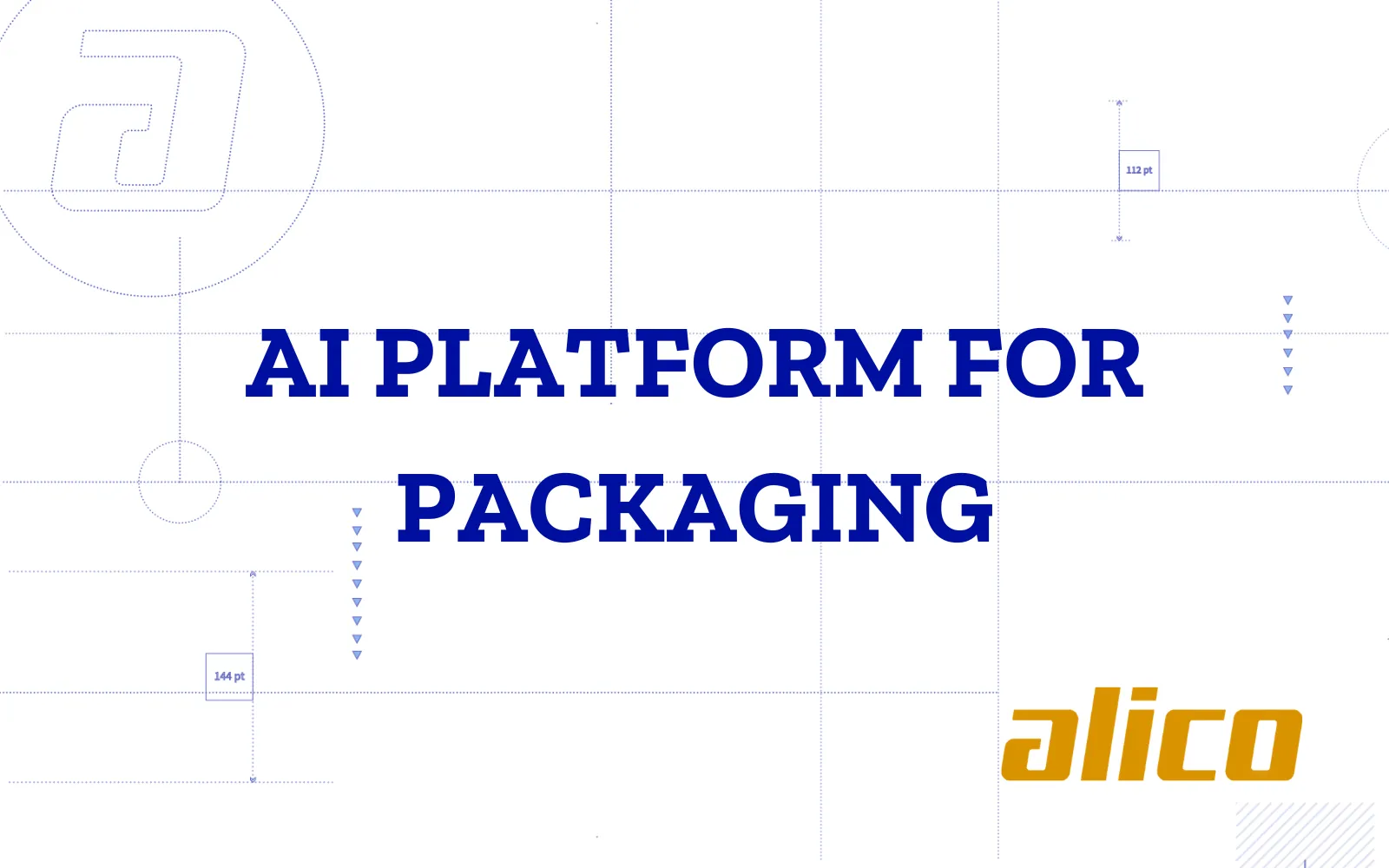 Case cover on a pale blue technical-drawing background of grids, dotted guides and dimension marks: the title “AI PLATFORM FOR PACKAGING” in dark blue and, bottom right, the alico logo in yellow.