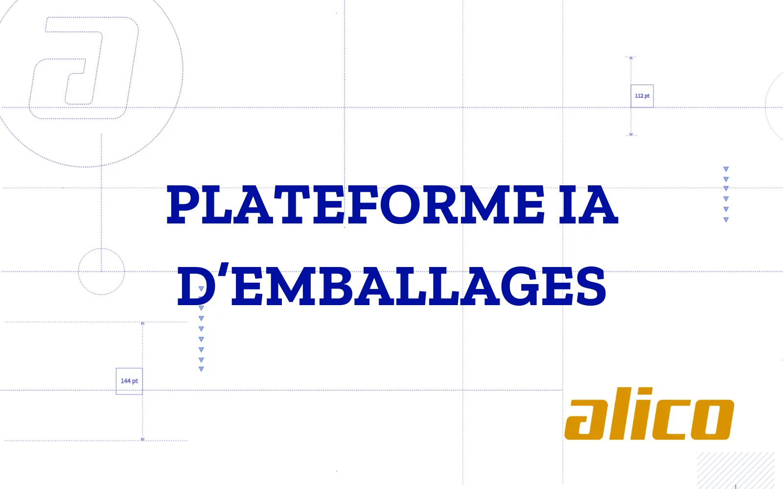 Couverture du cas sur un fond de plan technique bleu clair, fait de grilles, de repères pointillés et de cotes : le titre « PLATEFORME IA D’EMBALLAGES » en bleu foncé et, en bas à droite, le logo alico en jaune.