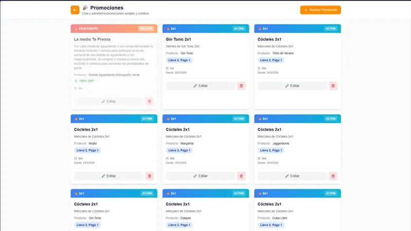 Promotions management module showing cards with active deals and state filter options