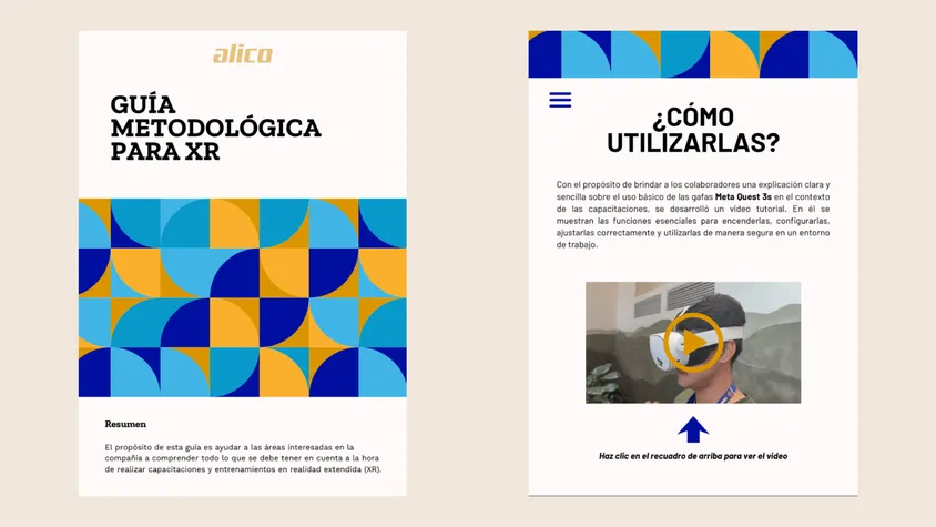 Extended Reality Methodological Guide page titled “¿CÓMO UTILIZARLAS?”: contains safety and usage instructions for the Meta Quest 3s headset on the plant floor, text explaining the tutorial video production for setup, and a video box featuring a frame of an employee wearing the white headset.