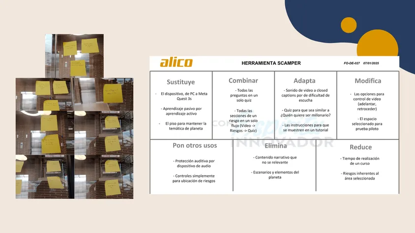 Ideation process slide: on the left, ten grid-arranged photographs of yellow sticky notes on glass walls during field research; on the right, the official “SCAMPER TOOL” table (form FO-DE-027) from Alico S.A.S BIC, detailing the seven transformations to bring the course from PC to virtual reality.
