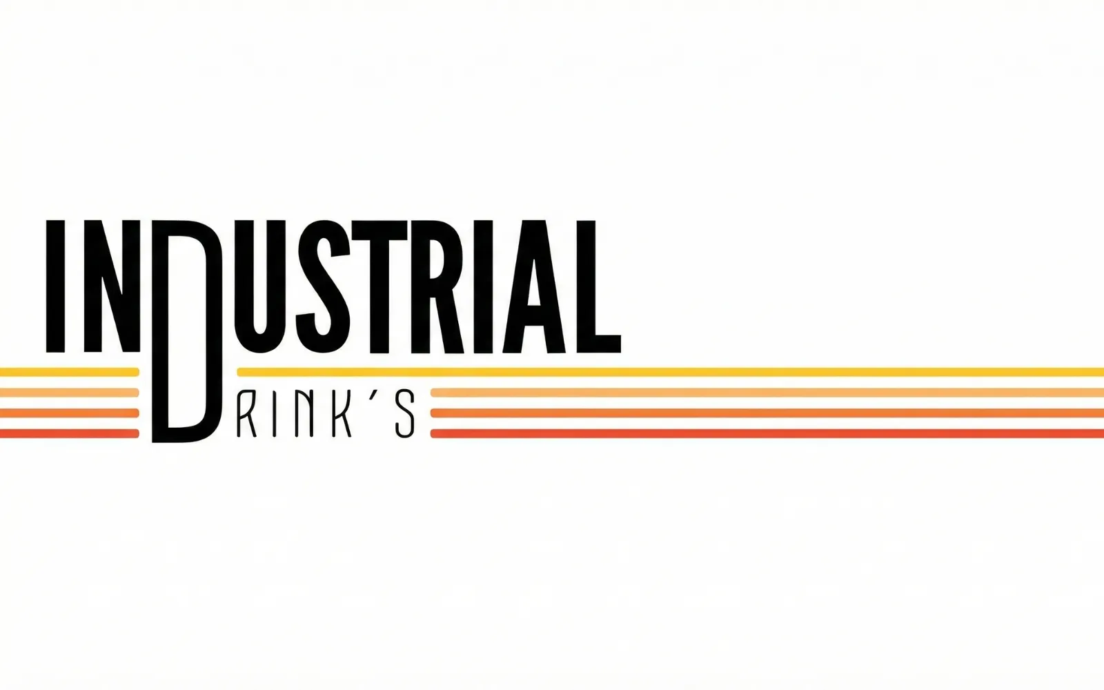 Logotipo del bar Industrial sobre fondo hueso: la palabra «INDUSTRIAL» en mayúsculas negras condensadas, con la D alargada que también encabeza la palabra «DRINK’S» de abajo, y franjas horizontales amarillas, naranjas y rojas que cruzan la imagen.