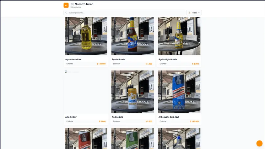 Mobile digital menu listing displaying cards with real photos and prices for spirits and beers