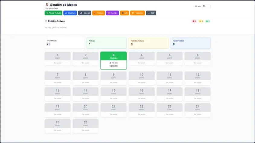 Bar management dashboard showing a grid of 26 tables color-coded by real-time status