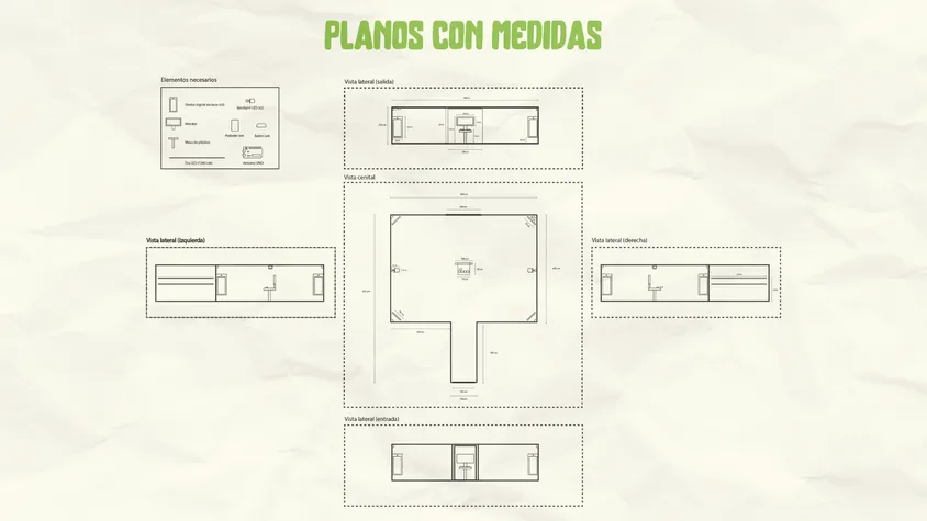 Technical floor plan with measurements and equipment breakdown for the interactive pavilion: includes component legend with multitouch kiosks, LED spotlights, speakers, VR headsets and Arduino, dimensioned 8.5 by 9.75 meter top view, and four side elevation views.