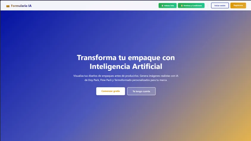 Capture d’écran de la plateforme web évoluée intitulée « Formulario IA » : sur un fond en dégradé bleu et doré, elle présente le titre « Transforma tu empaque con Inteligencia Artificial », la description pour générer des images réalistes de Doy Pack, Flow Pack et Thermoformage, et les boutons de connexion et d’inscription.
