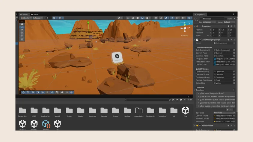Screenshot of the Unity editor interface: displays the 3D desert planet scene in the viewport, the project file explorer window at the bottom, and the inspector panel with the Quiz Manager script on the right.