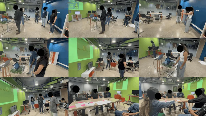 Nine-photo collage matrix documenting prototype testing at EAFIT’s Medialab: participants testing gestures in front of the computer and gathered around a work table with faces protected for privacy.