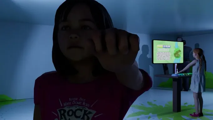 3D render frame in Blender showing the interior of the interactive room in green lighting, with 3D models of an adult and a child standing before the vertical monitor displaying the motmot interface.