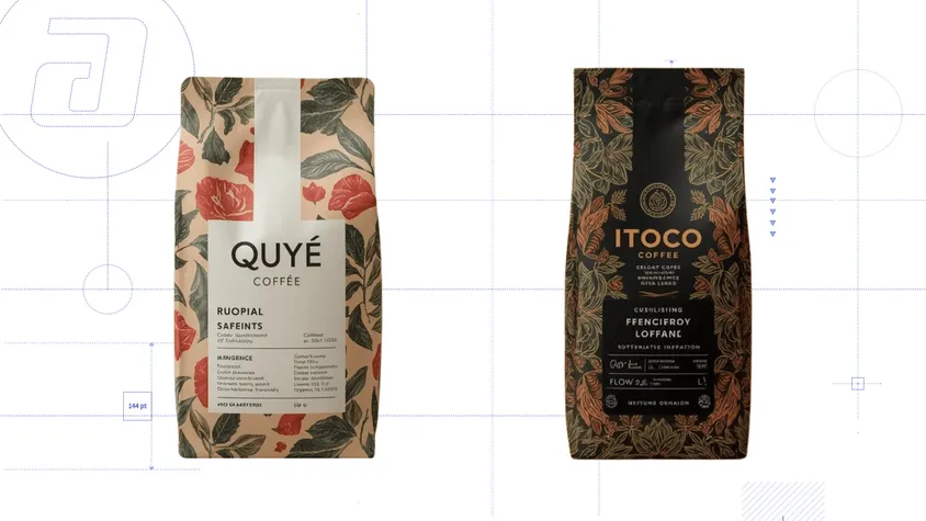 Planche technique regroupant les résultats générés pour le salon du café : deux emballages de café de spécialité créés par IA (« QUYÉ COFFEE » avec des motifs botaniques rouges et « ITOCO COFFEE » avec un motif ornemental doré sur fond sombre) à partir des réponses au formulaire.