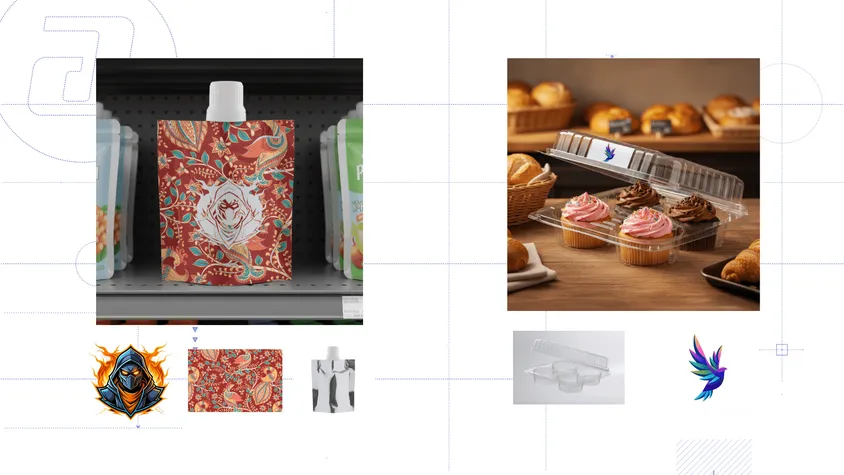 Planche technique regroupant les rendus produits par la nouvelle plateforme web : à gauche, un sachet Doypack à bouchon et motif floral sur une étagère à côté du logo du personnage ; à droite, une boîte thermoformée transparente de pâtisserie contenant quatre cupcakes avec la marque d’oiseau multicolore.