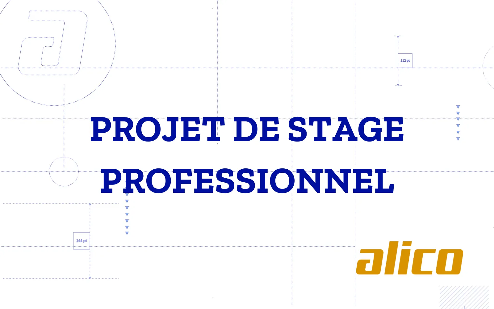 Couverture du cas sur un fond de plan technique bleu clair, fait de grilles, de repères pointillés et de cotes : le titre « PROJET DE STAGE PROFESSIONNEL » en bleu foncé et, en bas à droite, le logo alico en jaune.